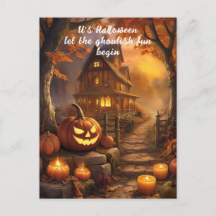 Charming Spooky Halloween Cottage with Pumpkins  Postcard