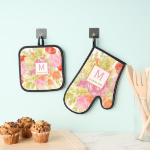 Charming Spring Pastel Floral Watercolor Art Oven Mitt & Pot Holder Set