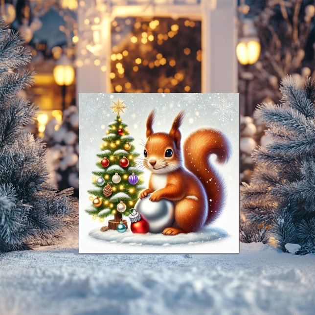 Charming Squirrel with Christmas Tree and Baubles Holiday Card (Creator Uploaded)