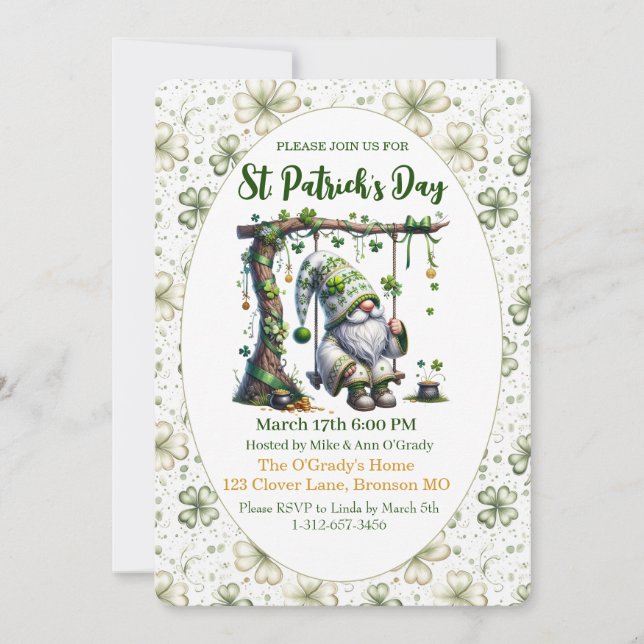 Charming St. Patrick’s Day Gnome and Clovers Invitation (Front)
