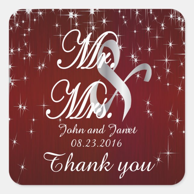 Charming Star Struck Wedding | Burgundy Red Square Sticker (Front)