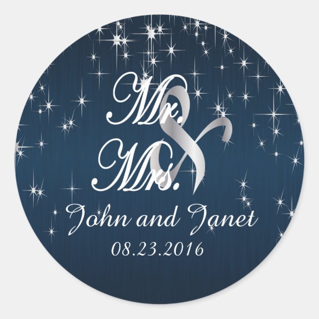 Charming Star Struck Wedding in Navy Blue 2 Classic Round Sticker (Front)