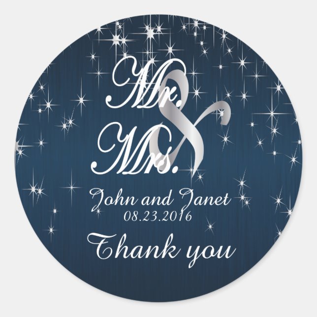 Charming Star Struck Wedding in Navy Blue Classic Round Sticker (Front)