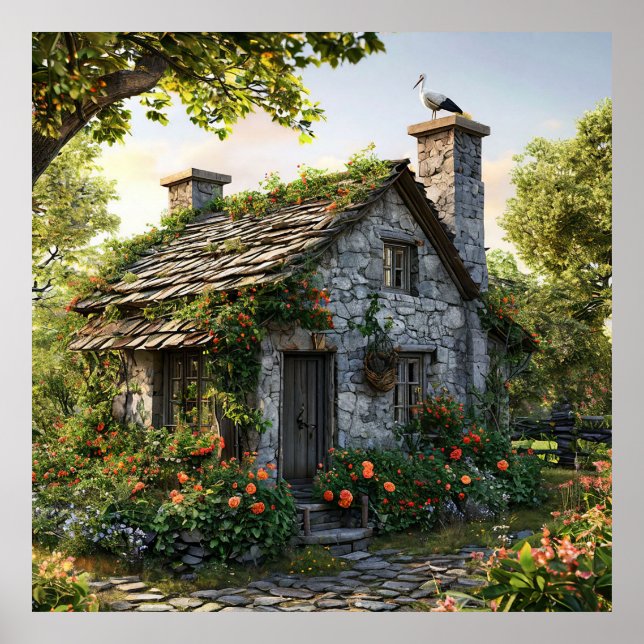 Charming Stone Cottage Surrounded by Lush Garden Poster (Front)