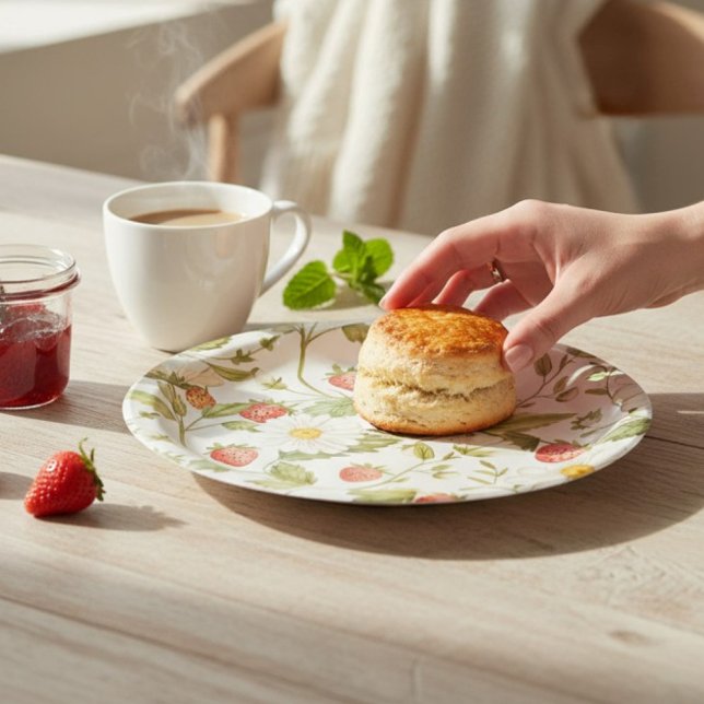 Charming Strawberry Daisy Botanical Watercolor  Paper Plate (Creator Uploaded)