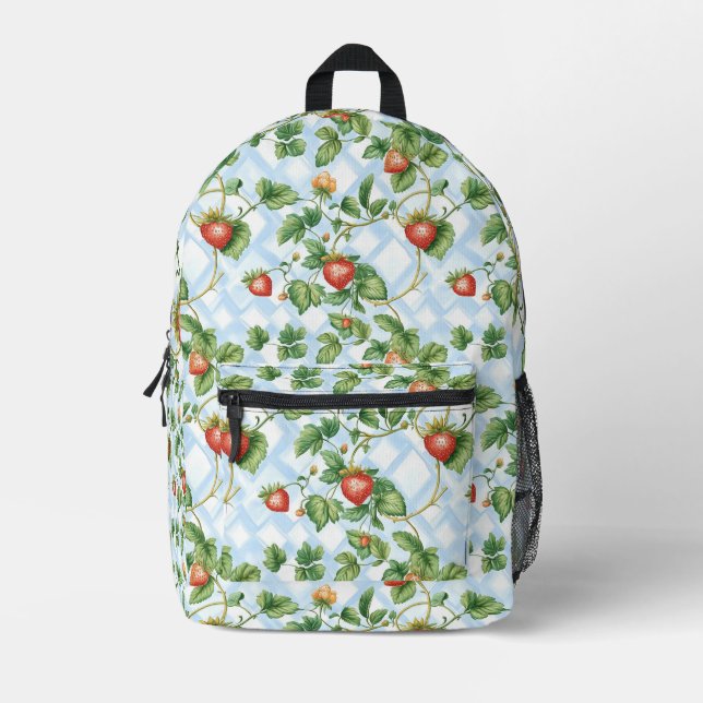 Charming Strawberry & Leaf Pattern – Vintage Printed Backpack (Front)