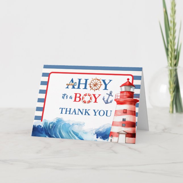 Charming Striped Blue Red Nautical Ahoy Boy Thank You Card (Front)