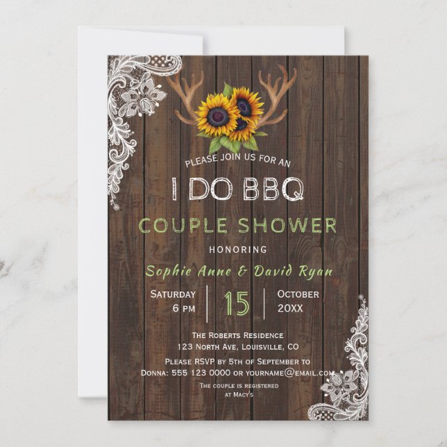 Charming Sunflowers Antlers I DO BBQ Couple Shower Invitation (Front)