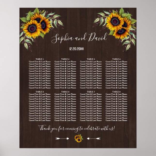 Charming Sunflowers Wood Wedding Seating Chart (Front)