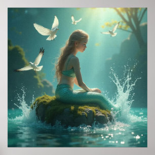Charming Sweet Mermaid Sitting Under the Sun Poster