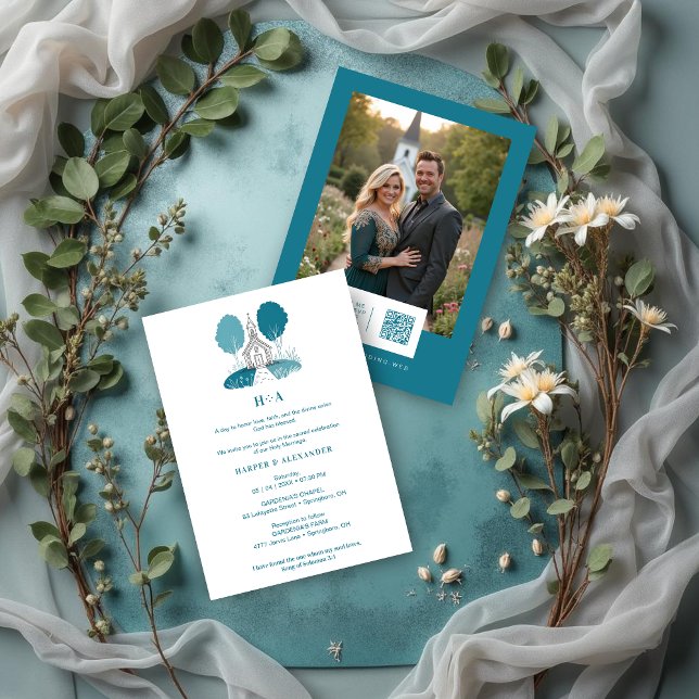 Charming Teal Church Christian Wedding Invitation (Charming Teal Church Illustration Christian Wedding Invitation Cards with Back Photo & QR Code.)