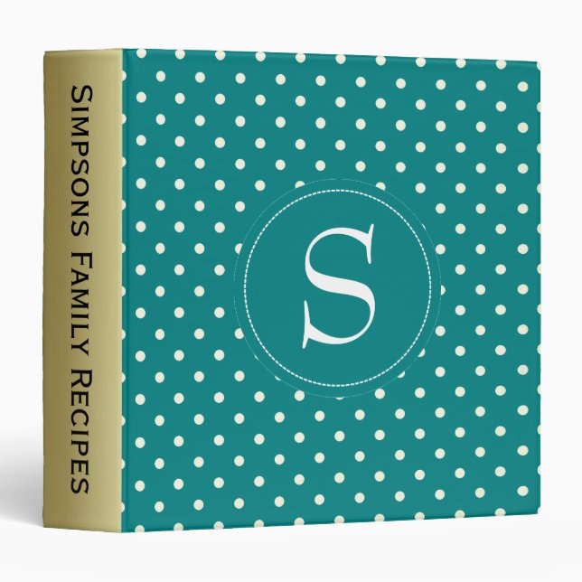 Charming Teal White Dots Monogram Gold Custom Text Binder (Front/Spine)