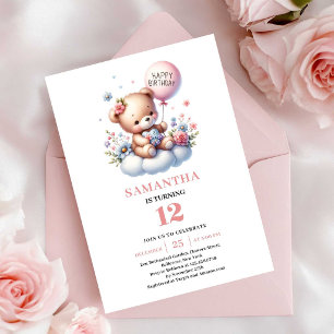 Charming teddy bear balloon girl birthday invites