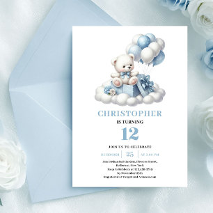 Charming teddy bear blue balloons boy birthday  invitation