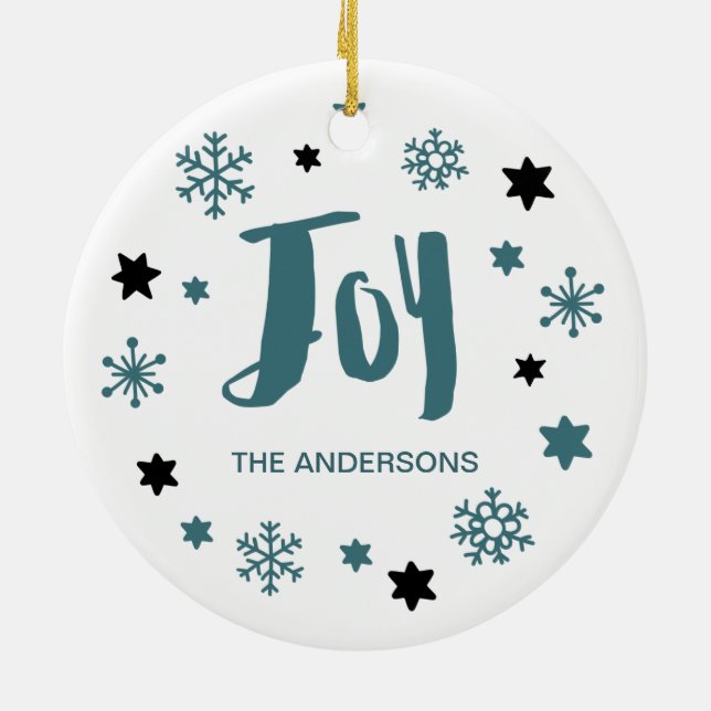Charming Trendy Joy Blue Green Holiday Ceramic Ornament (Back)