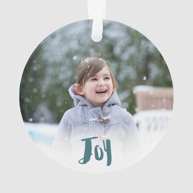 Charming Trendy Joy Blue Green Holiday Photo Ornament (Back)