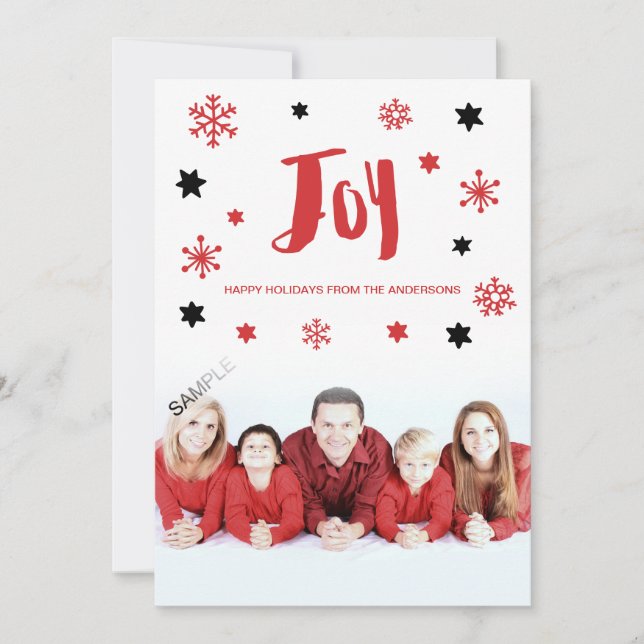 Charming Trendy Joy Red Holiday Photo Card (Front)