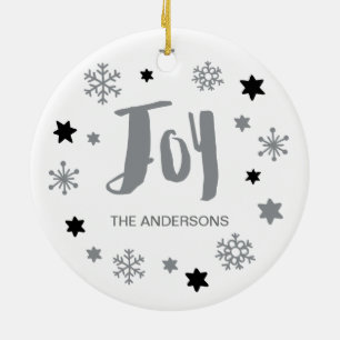 Charming Trendy Joy Silver Grey Holiday Ceramic Ornament