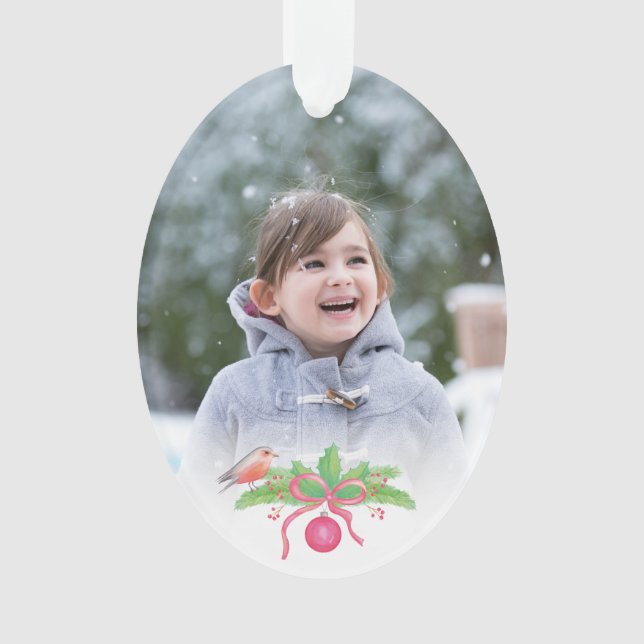 Charming Trendy Watercolor Holiday Photo Ornament (Front)