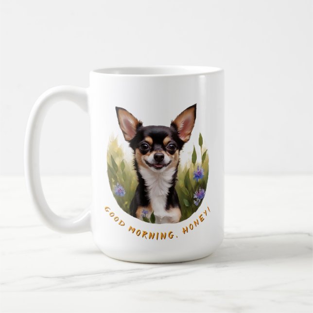 Charming Tri-Colour Chihuahua Morning Coffee Mug (Left)