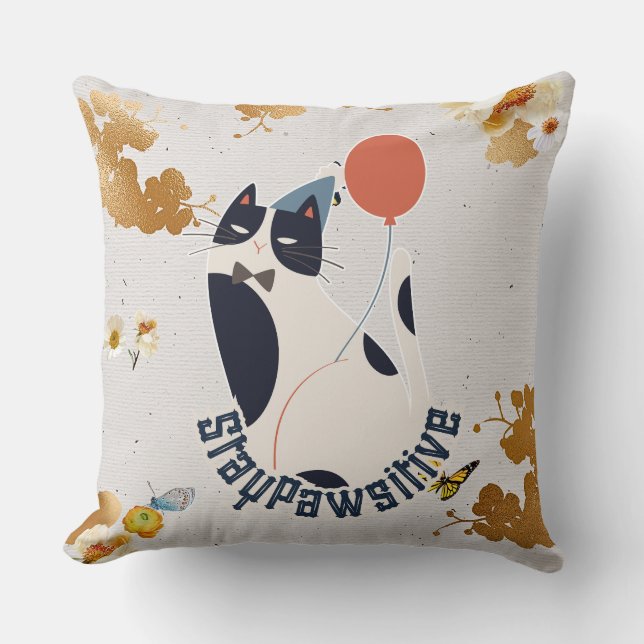Charming Tuxedo Cat Stay Pawsitive Elegant Throw P Pillow (Front)