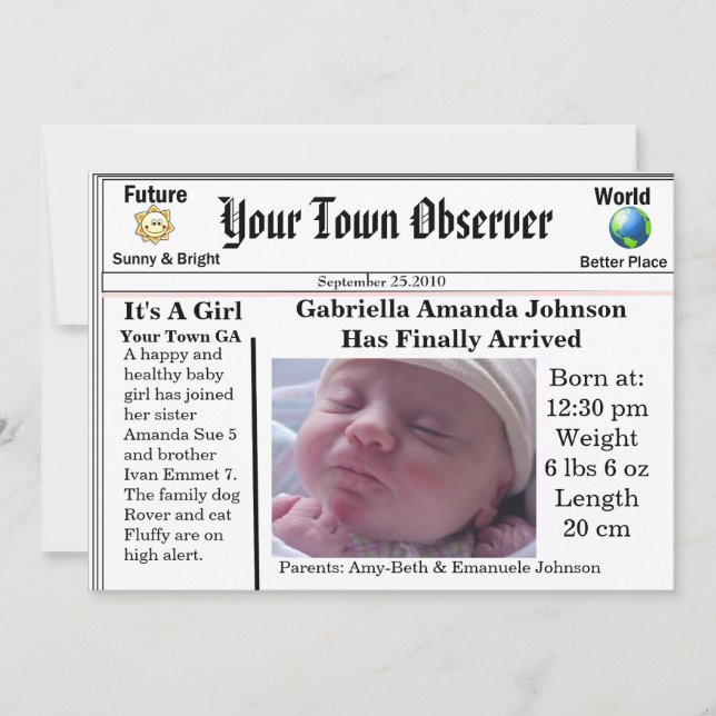 Charming & Unique Baby Birth Announcement (Front)