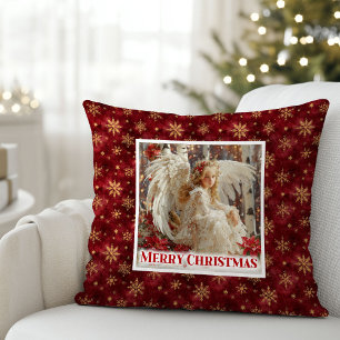 Charming Victorian Angel Red Gold Accent Christmas Throw Pillow