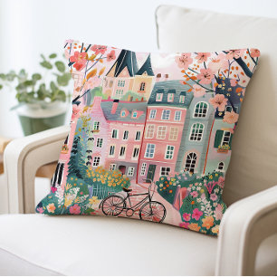 Charming Village Scene Pillow, Colourful Houses Throw Pillow