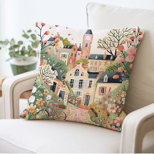 Charming Village Scene Pillow, Whimsical Pastel Throw Pillow