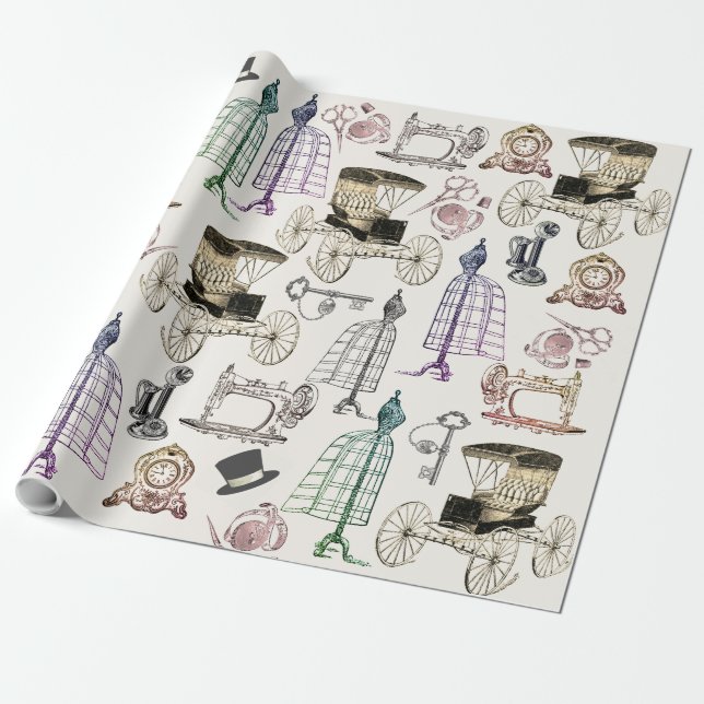 Charming Vintage Antique Buggy Pattern Modern Wrapping Paper (Unrolled)