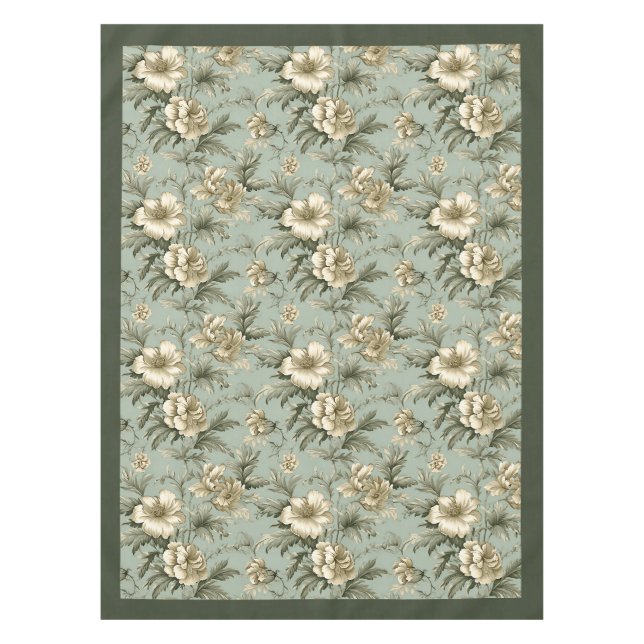 Charming vintage dusty green and gold flowers tablecloth (Front)