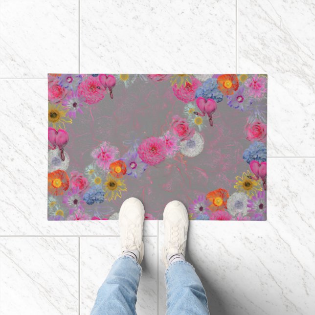 Charming vintage flowers on gray doormat (Indoor)