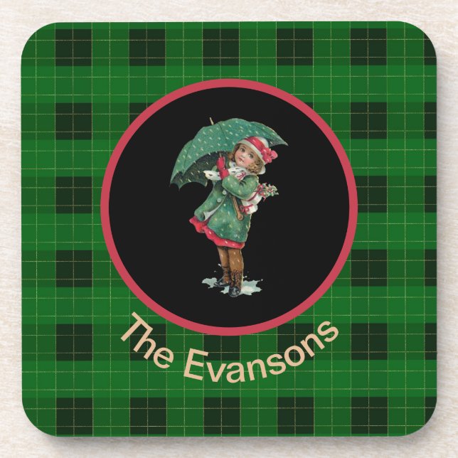Charming Vintage Girl with Umbrella on Green Coaster (Front)