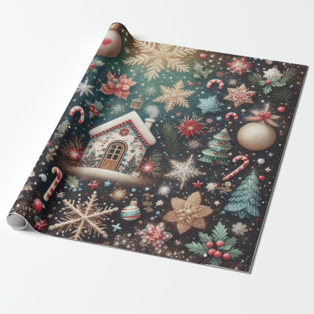 Charming Vintage Holiday Cottage christmas Wrapping Paper (Unrolled)