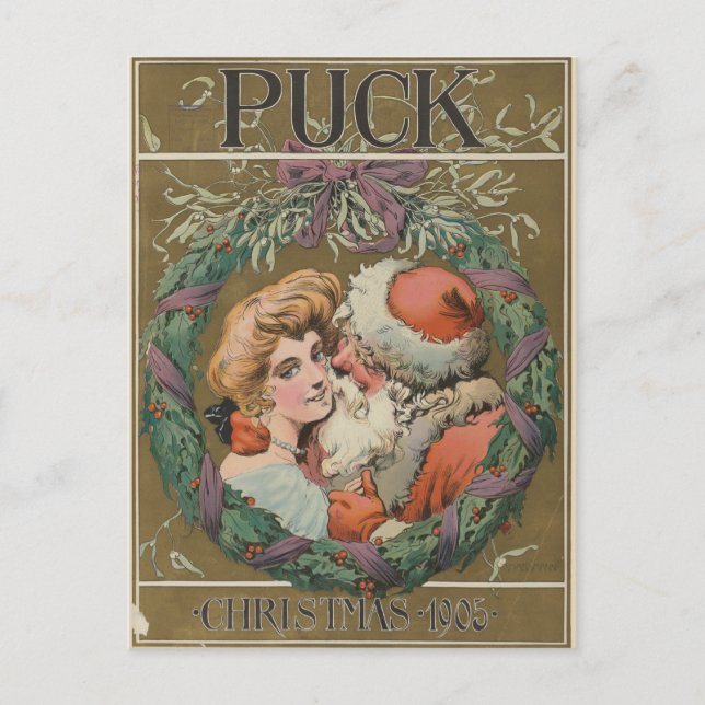 Charming Vintage Kissing Santa Christmas Wreath Holiday Postcard (Front)
