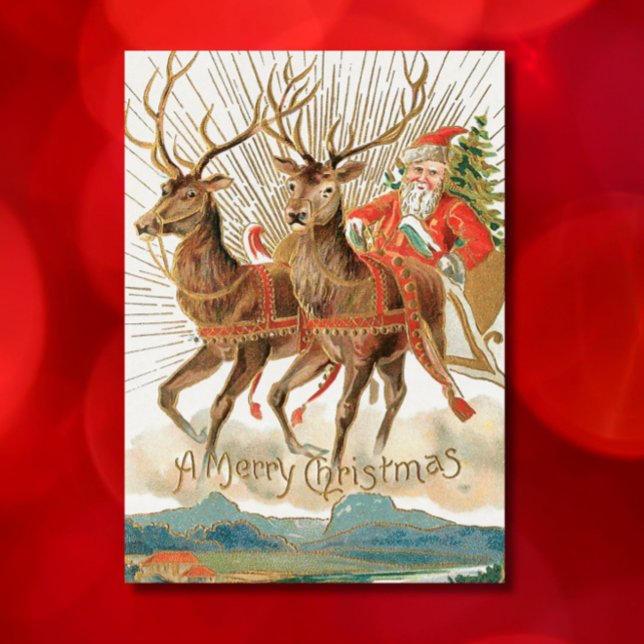 Charming Vintage Santa + Reindeer Merry Christmas Holiday Card (Spread cheer with this lovely vintage Christmas card, featuring Santa and two reindeer. )