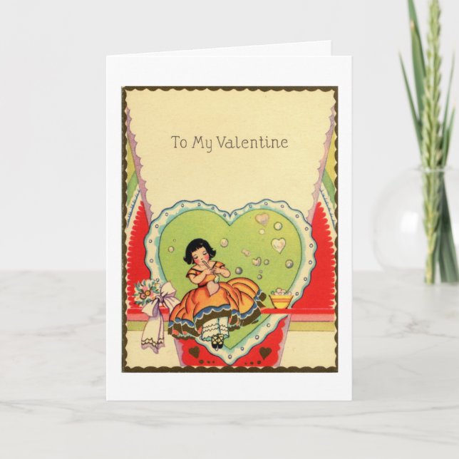Charming Vintage Valentine with Pretty Girl Holiday Card (Front)