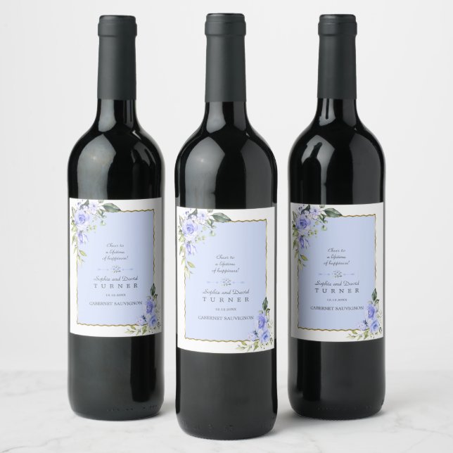 Charming Watercolor Blue Flowers Frame Wedding Wine Label (Bottles)