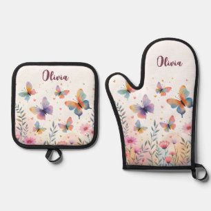 Charming Watercolor Butterfly Meadow Oven Mitt & Pot Holder Set