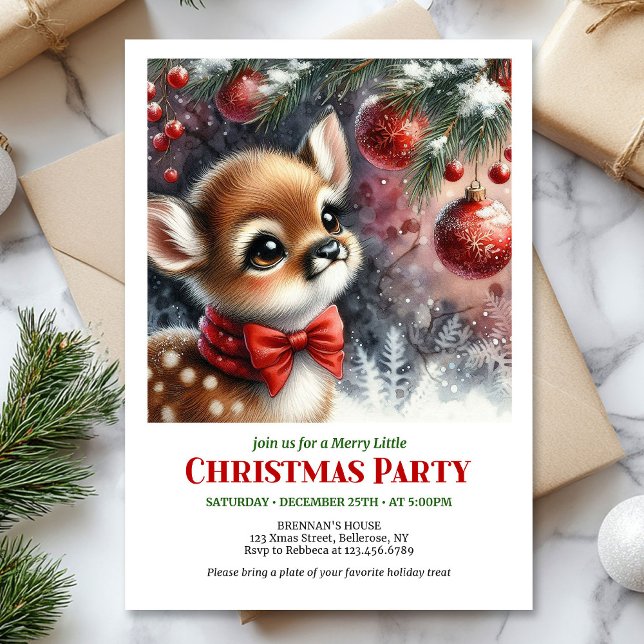 Charming watercolor fawn snowy forest serene cozy  invitation (Charming watercolor fawn snowy forest serene cozy Christmas invite

)