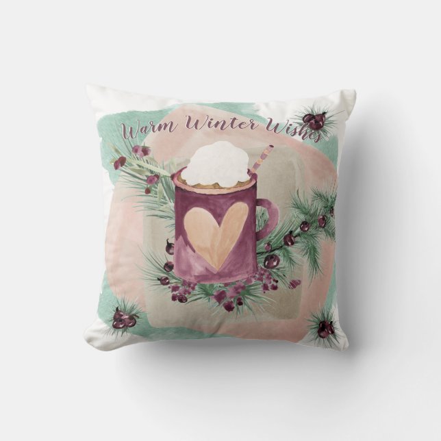 Charming Watercolor Holiday Mug and Greenery Throw Pillow (Front)