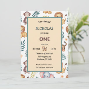 Charming Watercolor Jungle Safari Animals Birthday Invitation