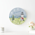 Charming Watercolor Lighthouse Coastal Scene Name  Large Clock<br><div class="desc">A lovely scene -- the Charming Coastal White and Red Lighthouse -- the little sailboat off in the distance -- personalized with the family name,  as you wish.  Any design questions just send a chat or an email to charmdesignstudio@rcn.com and we’ll be delighted to assist.</div>