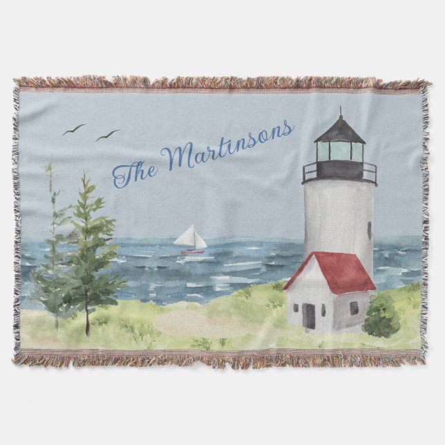 Charming Watercolor Lighthouse Coastal Scene Name Throw Blanket (Front)