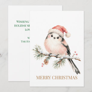 Charming Watercolor Long Tailed Tit Christmas Holiday Card