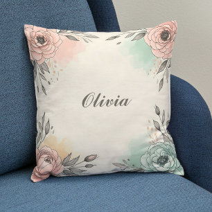 Charming Watercolor Sketchy Flowers Throw Pillow