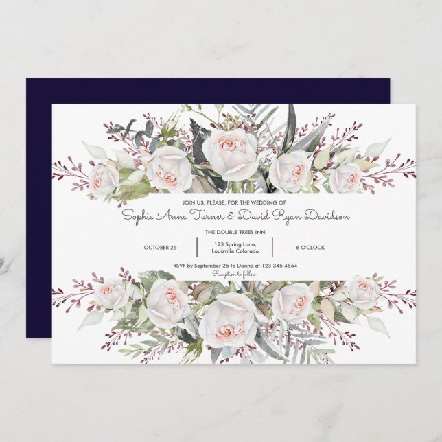 Charming Watercolor White Flowers Frame Wedding Invitation (Front/Back)