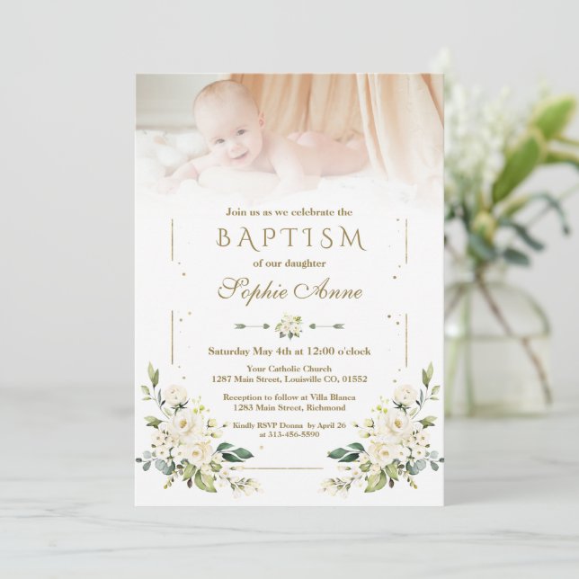 Charming Watercolor White Flowers Photo Baptism  Invitation (Standing Front)