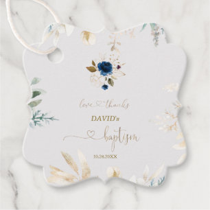 Charming Watercolour Blue Floral Gold Baptism Favour Tags
