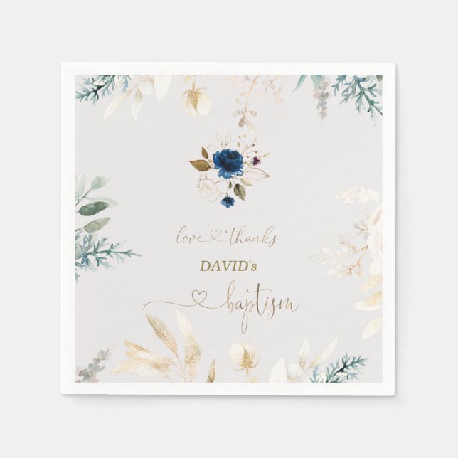 Charming Watercolour Blue Floral Gold Baptism Napkin (Front)